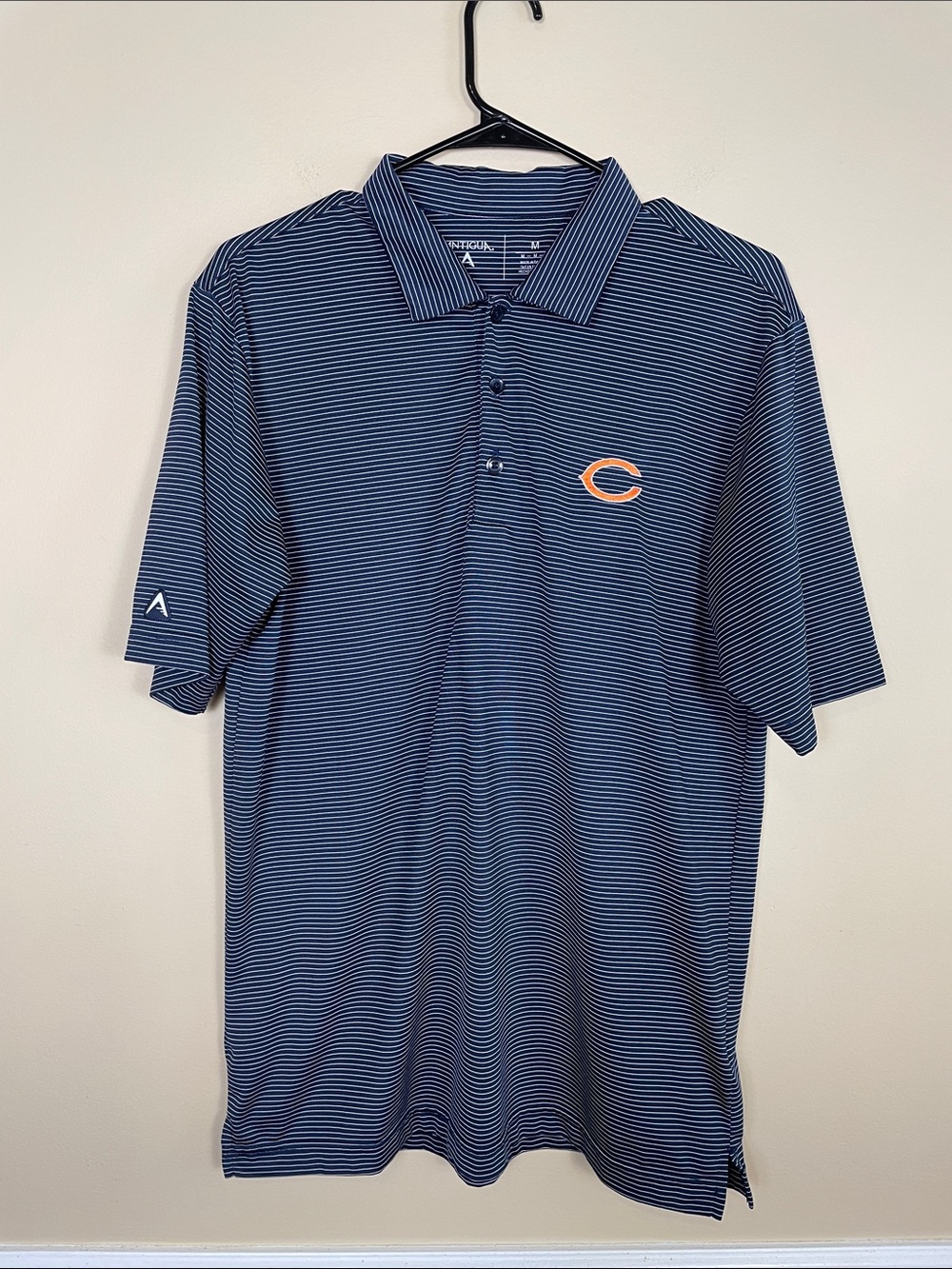 Antigua Men’s Bears Football Striped Navy Blue White Short Sleeve Polo Shirt